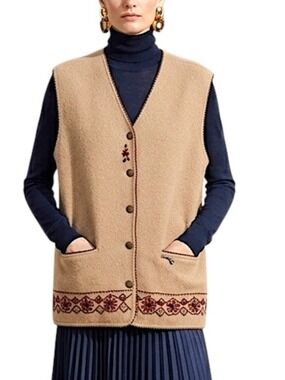 Vintage 90s pure boiled wool tan boxy cottagecore embroidered sweater vest XL